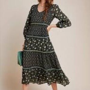 Anthropologie Karoline tiered maxi dress in black with a green floral